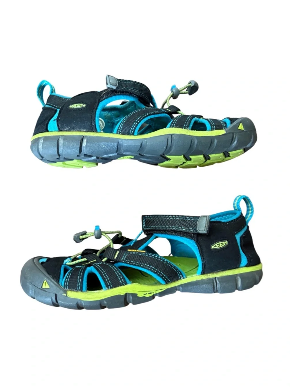 Keen Kids’ Sea Camp II Black Sandals with Teal and Lime Accents-Size 4